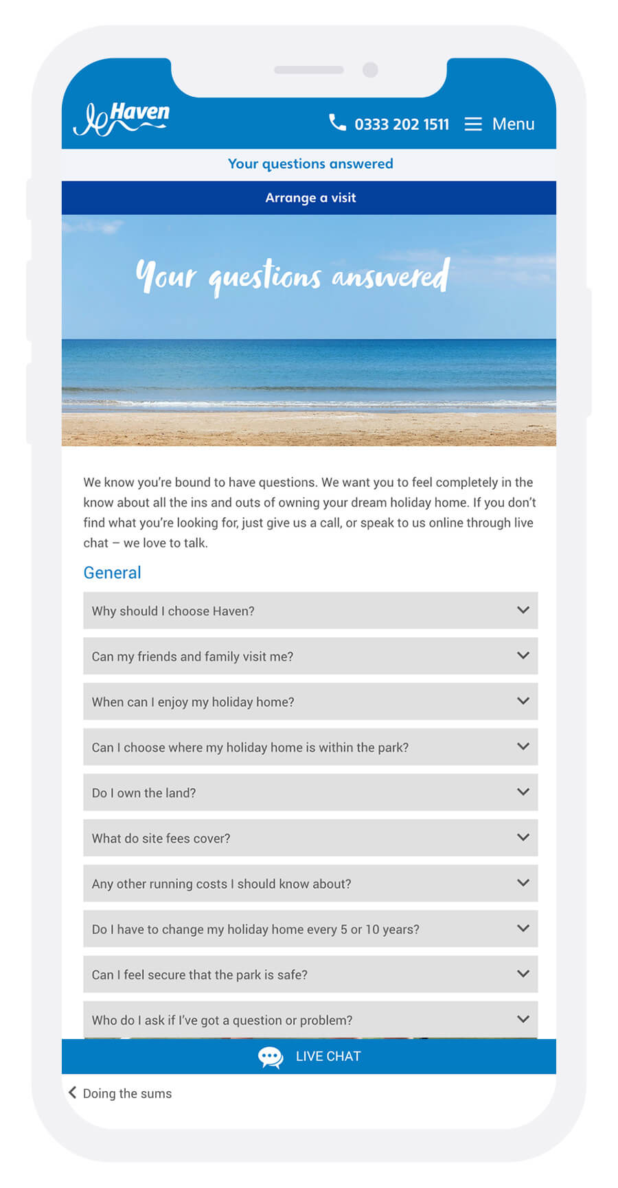 Haven E-Brochures website your questions answered page on an iphone